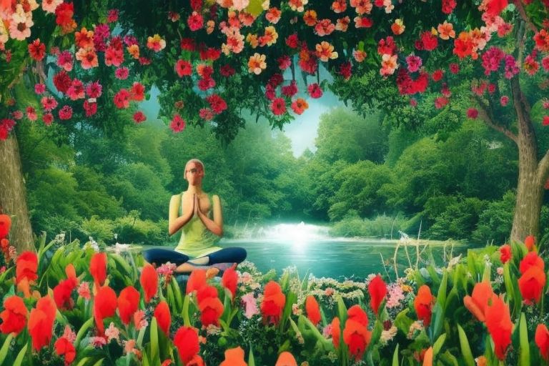 A picture depicting someone meditating in nature surrounded by trees and flowers