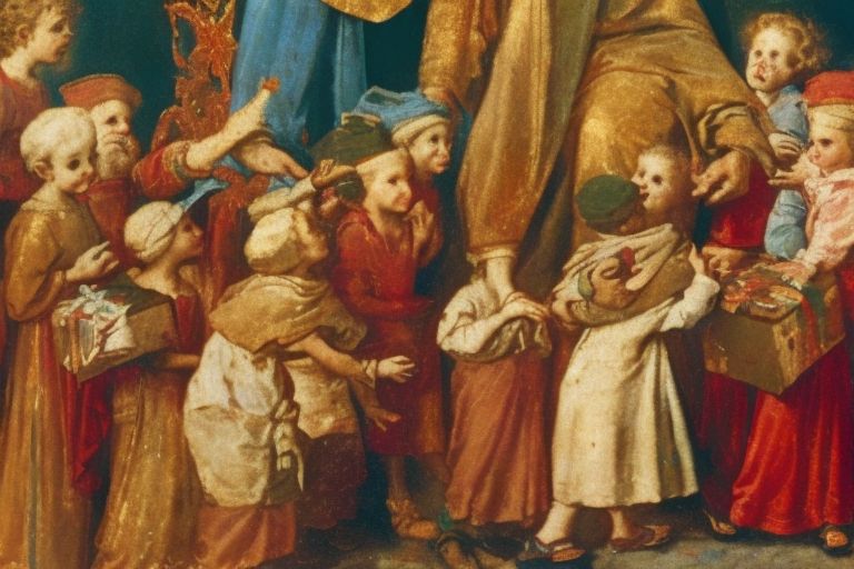 A picture depicting St Nicholas with children around him holding gifts in celebration of his feast day.