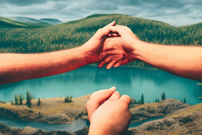 A picture depicting two hands shaking over a landscape representing Canada's natural beauty