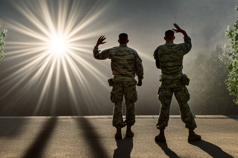 A picture depicting two soldiers standing side by side with one hand raised in salute – one male soldier wearing camouflage fatigues with his face obscured by shadows; one female soldier wearing camouflage fatigues with her face illuminated by sunlight
