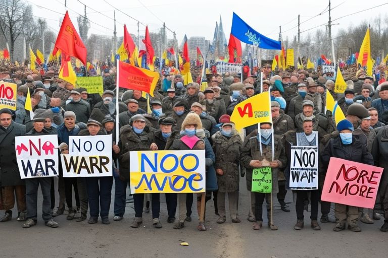 A picture depicting Ukrainian citizens standing together holding signs saying "No More War"