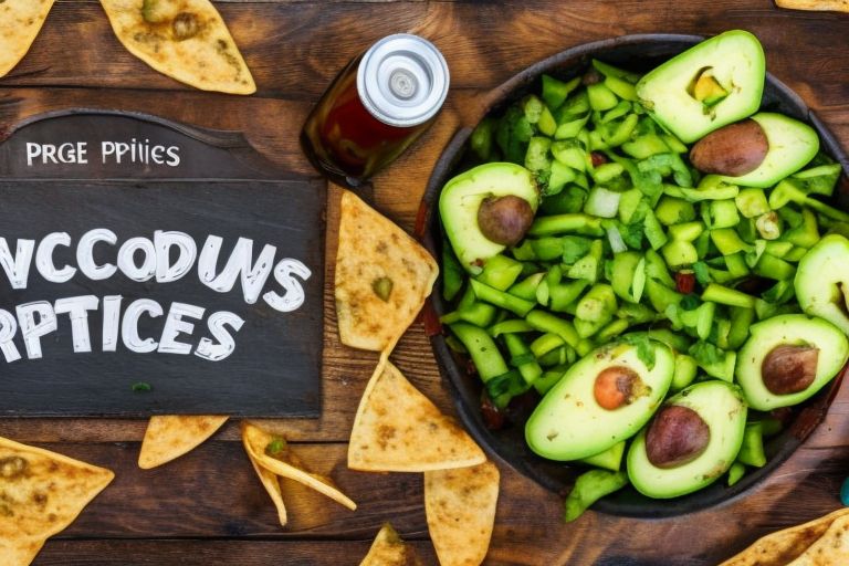 A picture of a bowl full of freshly cut up avocados with chips surrounding it along with two beer bottles off to the side with a banner reading "Avocado Prices Plunge!" written above it all.