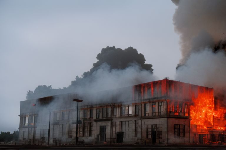 A picture of a burning building with smoke billowing out against a black sky with red flames consuming it