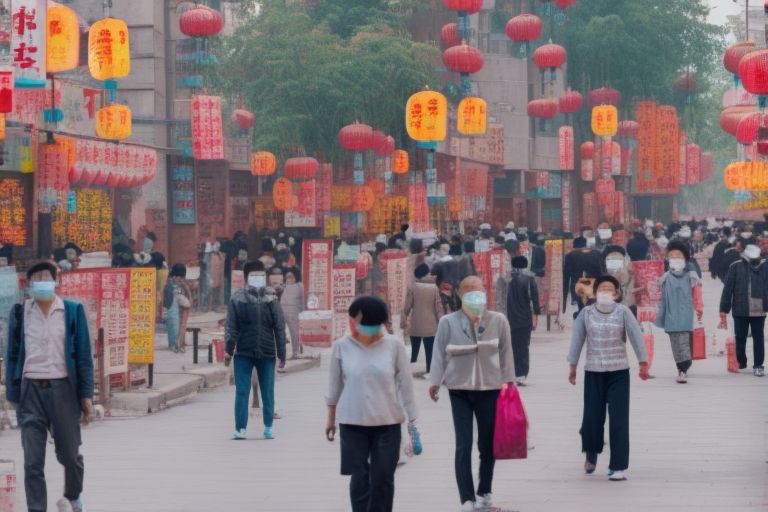 A picture of a busy street corner in Beijing with people walking around wearing masks but looking happy nonetheless