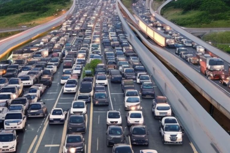 A picture of a congested highway with cars and trucks stuck in traffic due to the failure of the Operation Candlelight Police 2022 campaign for a more comfortable journey during the Nataru homecoming this year