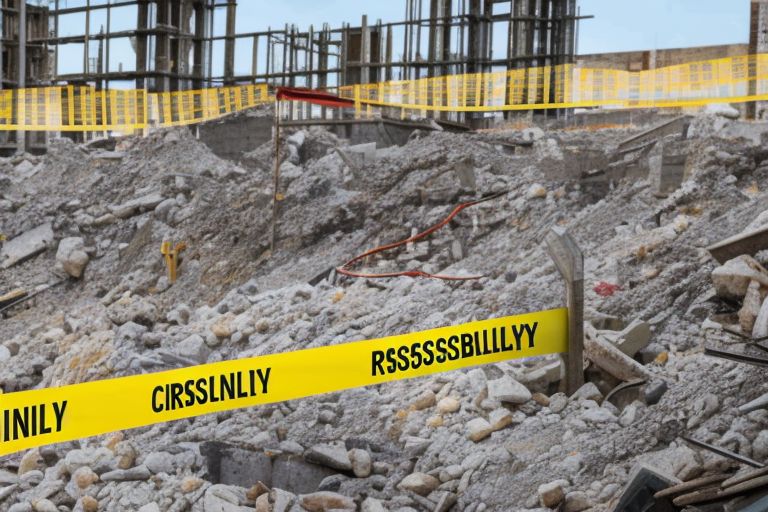A picture of a construction site with caution tape surrounding it with text reading "Private Companies Take Responsibility?"
