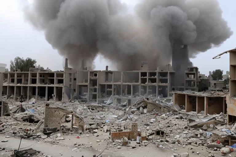 A picture of a destroyed building with smoke billowing out of its windows after being hit by a drone strike