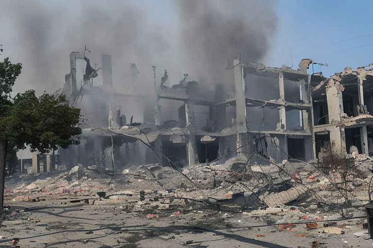 A picture of a destroyed building with smoke rising from it in Kherson, Ukraine after a Russian attack