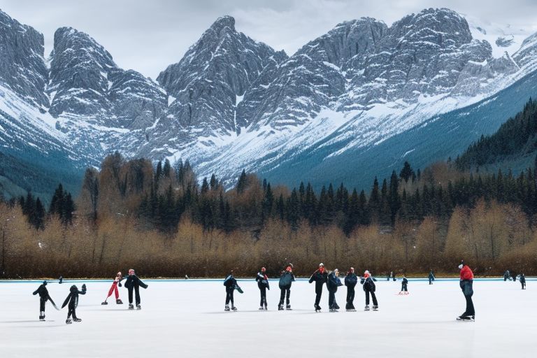 A picture of a family ice skating on a frozen pond surrounded by trees covered in snow with mountains in the background