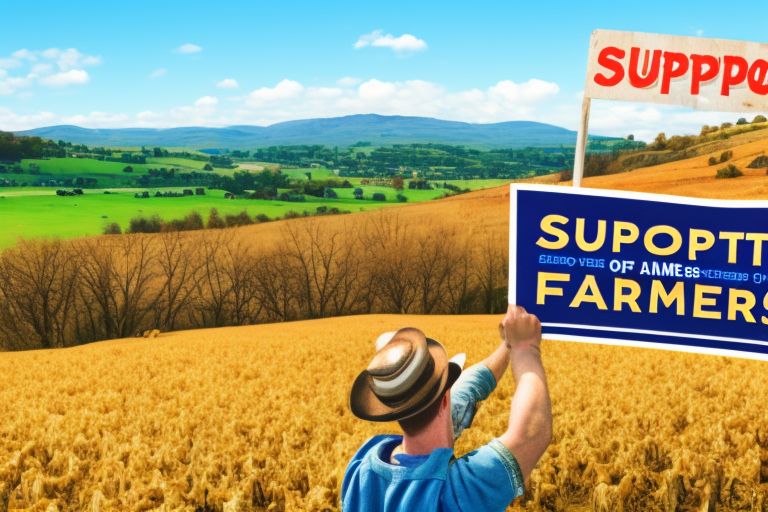 A picture of a farmer holding up a sign reading "Support Local Farmers" with a background image of rolling hillsides covered in cows grazing peacefully beneath a bright blue sky.