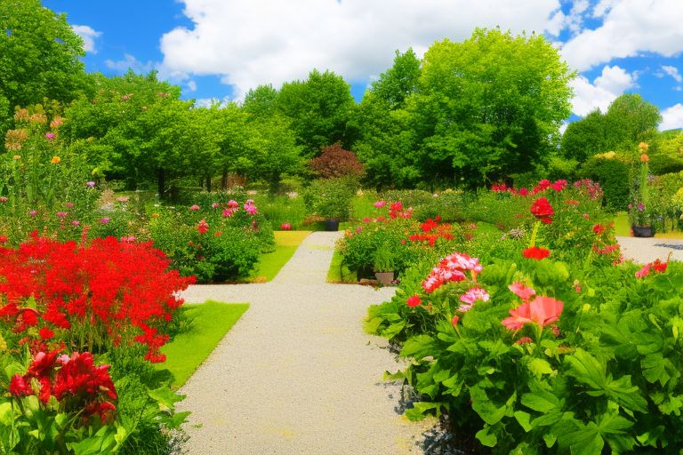 A picture of a garden with flowers blooming in a sunny day.