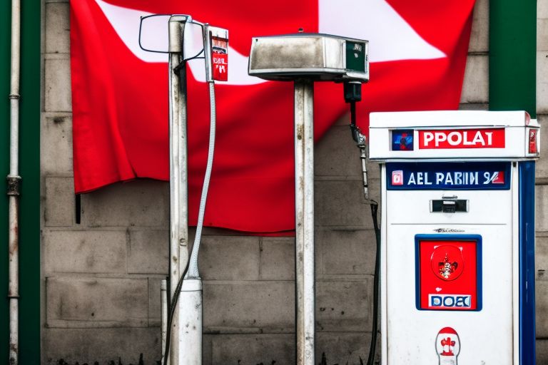 A picture of a gas pump with the Polish flag in the background
