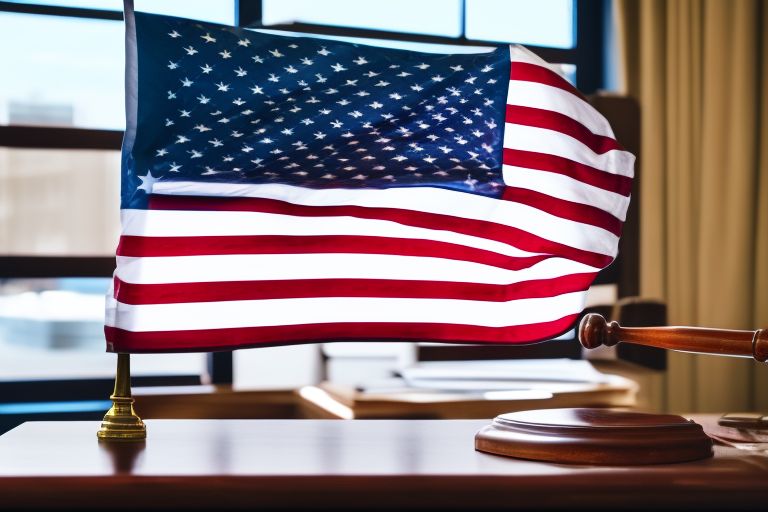 A picture of a gavel with an American flag draped over it on top of a courtroom desk with light streaming through the windows behind it.