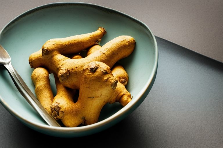 A picture of a ginger root with a spoon and bowl in the background.