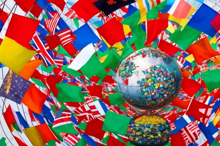 A picture of a globe surrounded by colorful flags representing different countries around the world