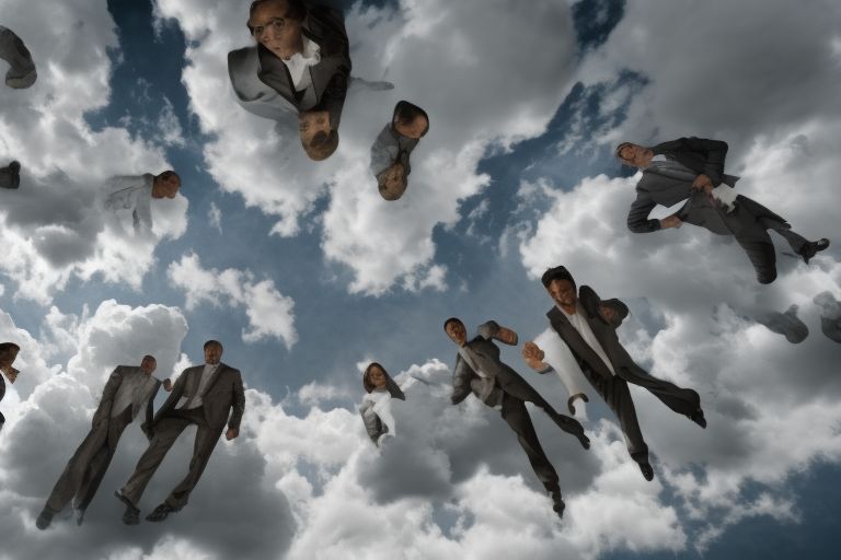 A picture of a group of determined entrepreneurs looking up towards success against a backdrop of stormy clouds