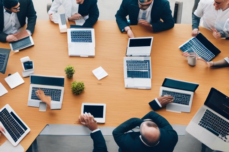 A picture of a group of people discussing business strategies around a table with laptops open in front of them.