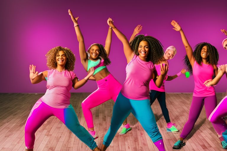 A picture of a group of women wearing pink clothes while doing Zumba exercises together in a studio setting. The image should be bright and vibrant with colors that pop out from the background. The women should be smiling and having fun while dancing their hearts out!