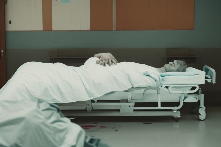 A picture of a hospital bed with a person lying in it, with a sad expression on their face.