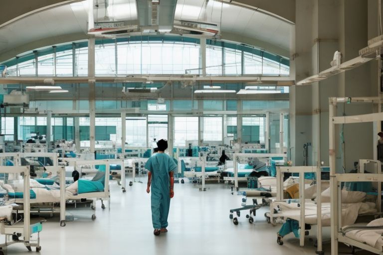 A picture of a hospital with a person in the foreground, highlighting the high cost of medical care for foreigners.
