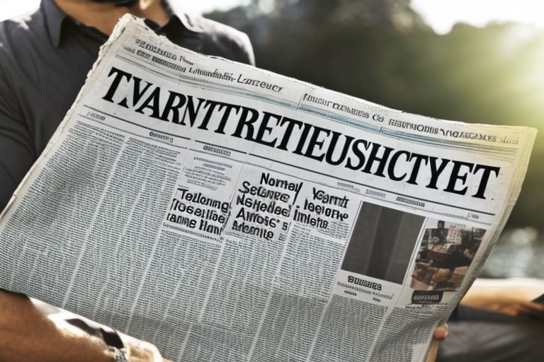 A picture of a person holding up a newspaper with headlines featuring words related to technology such as "digital", "Internet", etc..