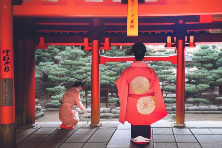 A picture of a person in traditional Japanese clothing bowing at the entrance of a Shinto shrine.