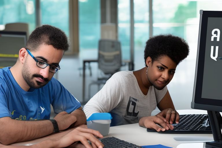 A picture of a person looking at their computer with a #LLAC logo in the background.