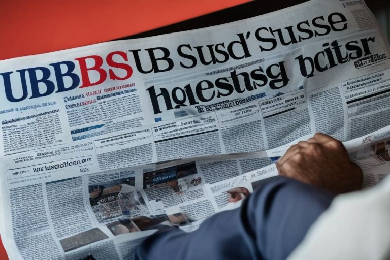 A picture of a person looking concerned while reading a newspaper article about UBS's offer for Credit Suisse