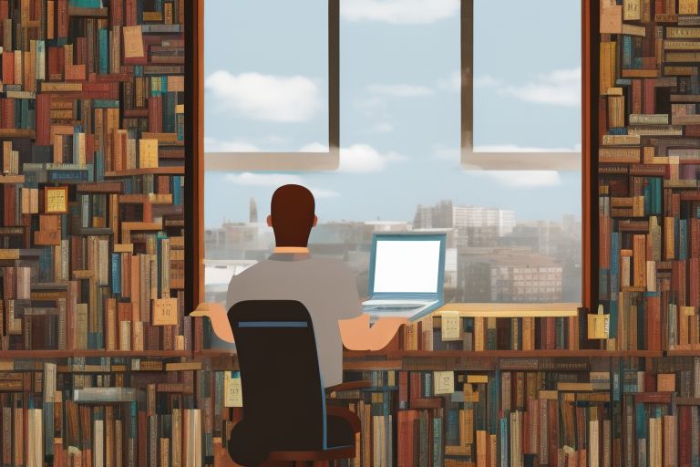 A picture of a person looking out a window while standing next to a desk filled with books and papers representing work/task completion.