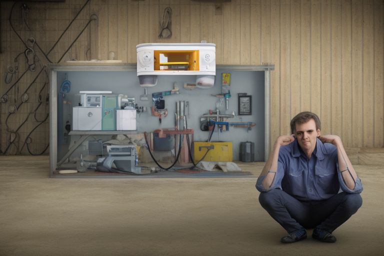 A picture of a person looking worried with a think tank and garage in the background