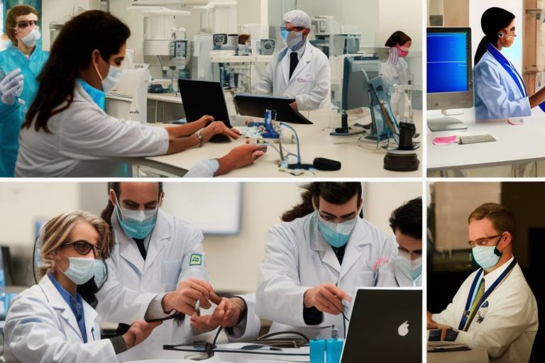 A picture of a person receiving a vaccination shot alongside images of scientists working in lab coats in front of computers