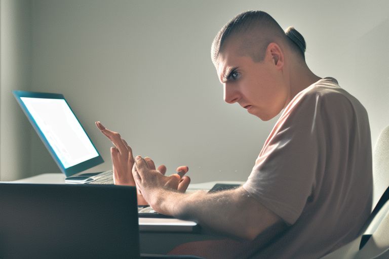 A picture of a person sitting at a computer looking concerned while looking at their screen