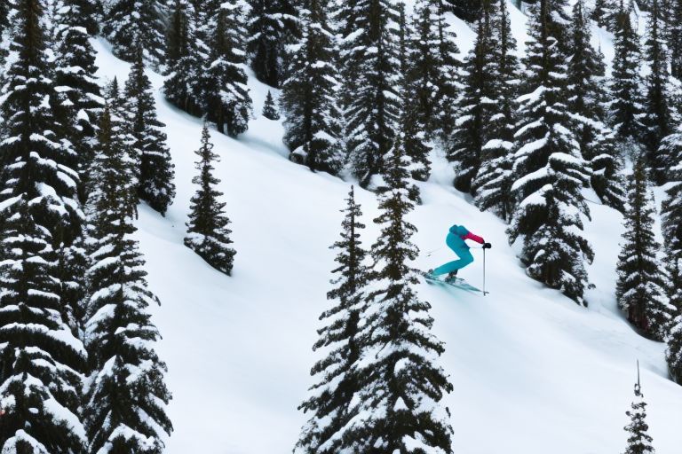 A picture of a person skiing down a snowy mountain slope with trees around them