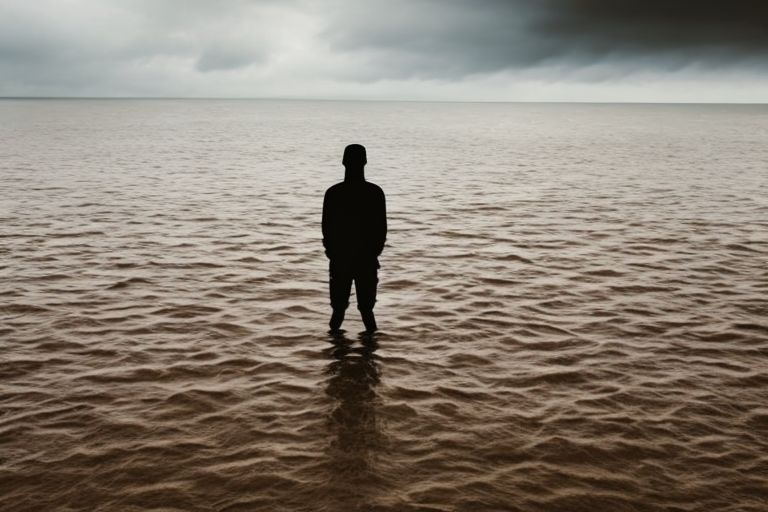 A picture of a person standing alone on a beach with rising water levels behind them symbolizing climate change's threat against humanity