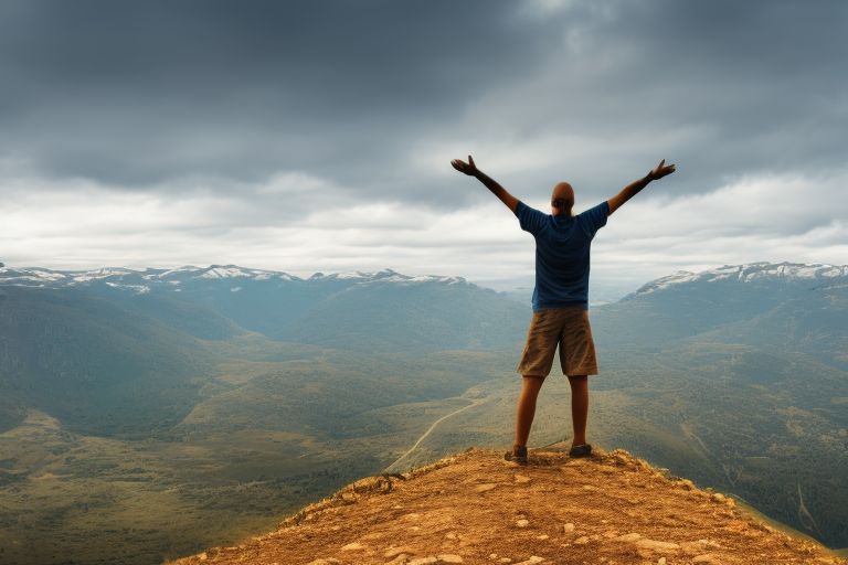 A picture of a person standing at the top of a mountain looking out into the horizon with their arms stretched out wide in celebration