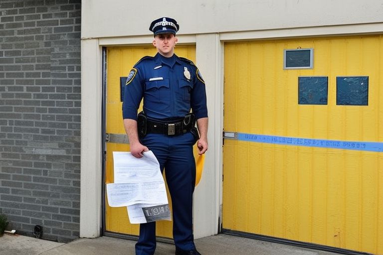 A picture of a police officer standing outside a garage door with caution tape around it while holding up evidence bags containing leaked documents
