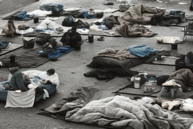 A picture of a rundown homeless shelter with people sleeping outside under blankets