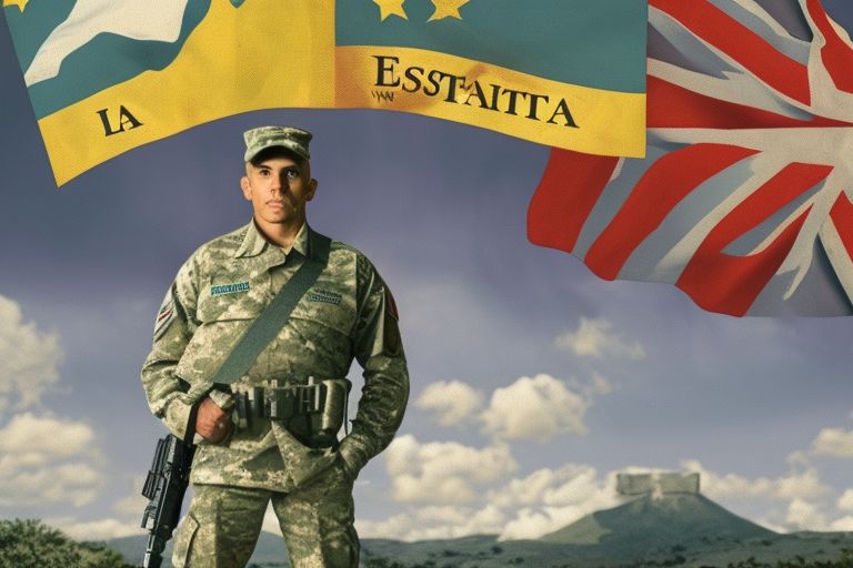 A picture of a soldier standing guard in front of the national flag with the words "La Estrategia de Estado" written across it in bold font