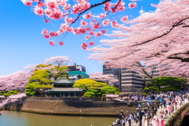 A picture of a sunny day in Tokyo with clear blue skies and cherry blossoms blooming in the background
