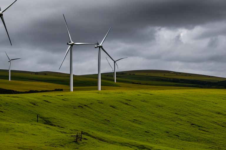 A picture of a wind farm in front of rolling hills with clouds in the background