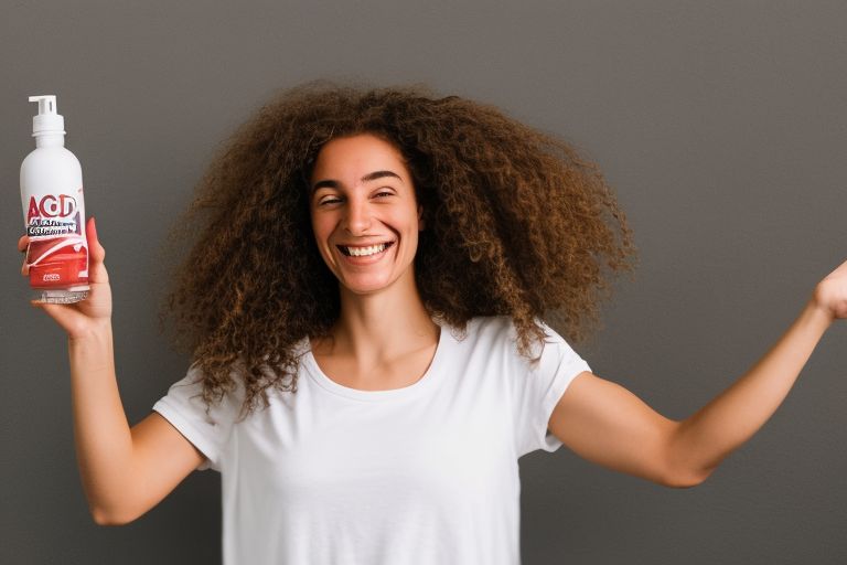 A picture of a woman with long curly hair wearing a white t-shirt smiling at the camera holding up a bottle of the new acid blend product in her hand