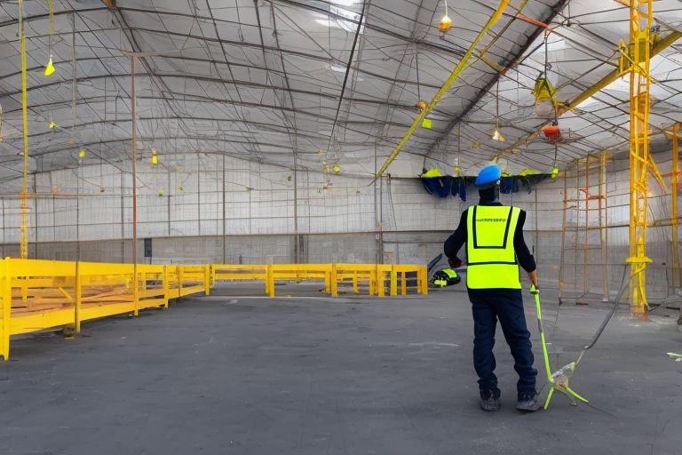 A picture of a worker constructing an event venue with safety equipment on.