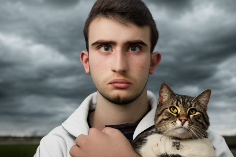 A picture of a young man holding a cat by its scruff while looking away from the camera with an expression of guilt and shame on his face. The background is dark and ominous-looking clouds are visible in the sky above them.