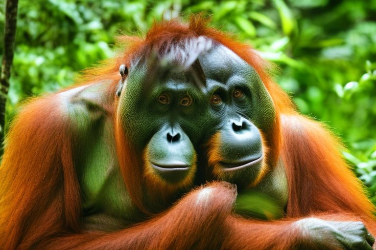 A picture of an adult male Orangutan looking out into the distance with a thoughtful expression on its face surrounded by lush green foliage