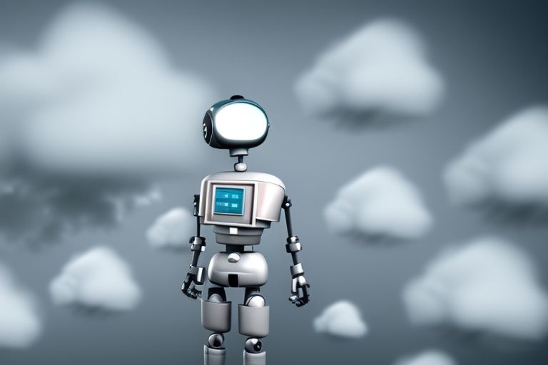 A picture of an AI robot talking on the phone surrounded by clouds