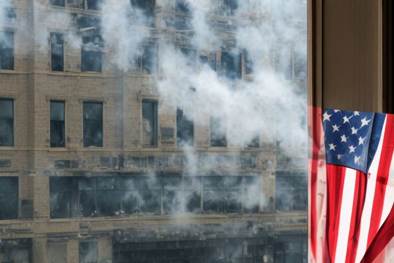 A picture of an American flag draped over a broken window with smoke rising from buildings in the background
