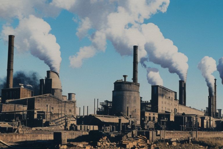 A picture of an ammo factory with smoke billowing out of its chimneys into a bright blue sky above