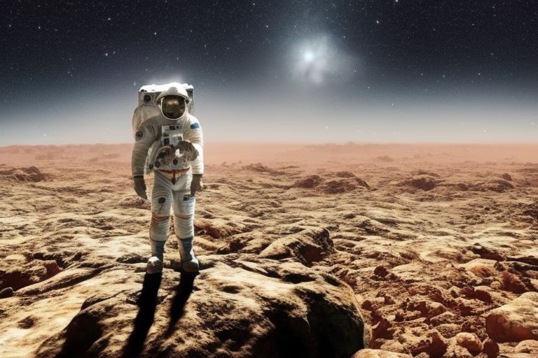 A picture of an astronaut standing on a rocky planet with stars twinkling behind them