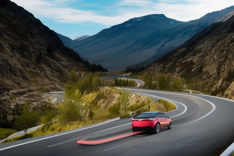 A picture of an electric car driving down a highway with mountains in the background