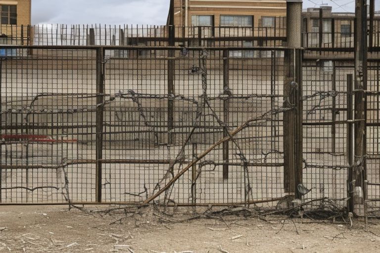 A picture of an unfinished courtyard surrounded by chain-link fencing with a sign reading "No Trespassing".